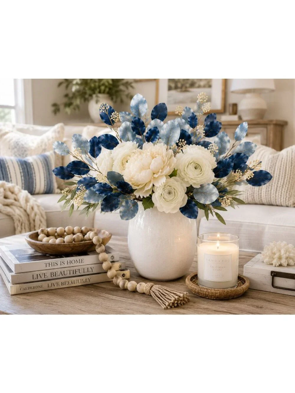 Blue Ombre Dollar Eucalyptus Stems, Faux Eucalyptus Branches, Artificial Greener